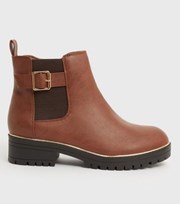 New Look Wide Fit Tan Leather-Look Chunky Buckle Chelsea Boot